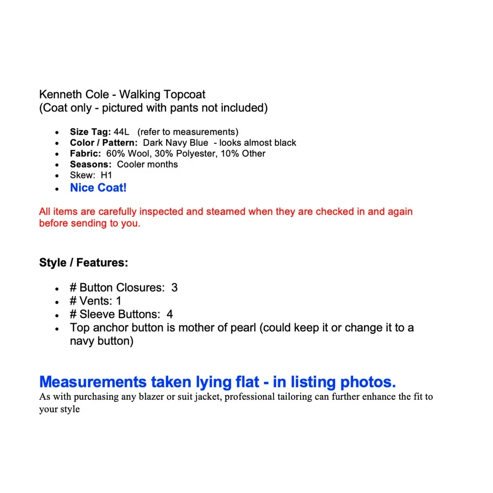 Kenneth Cole Mens 44L Dark Navy Blue Walking Topcoat Overcoat - Picture 2 of 15